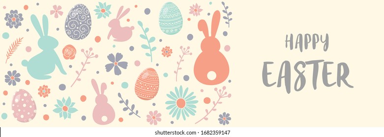 Happy Easter. Greeting card with decorative eggs, bunnies and flowers on white background. Banner. Vector