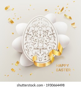 Happy Easter greeting card. Decorative cutting paper Easter egg and white eggs on a light background with golden confetti