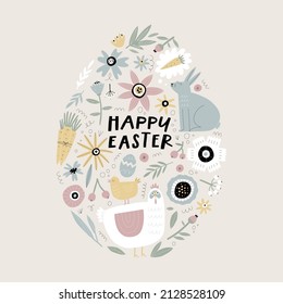 Happy Easter greeting card with decorative egg and handwritten holiday wishes. Vector illustration