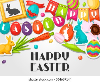 Happy Easter greeting card with decorative objects, eggs, bunnies stickers. Concept can be used for holiday invitations and posters.