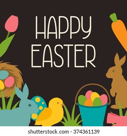 Happy Easter greeting card with decorative objects. Concept can be used for holiday invitations and posters.