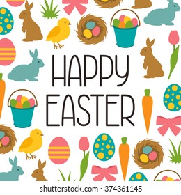 Happy Easter greeting card with decorative objects. Concept can be used for holiday invitations and posters.