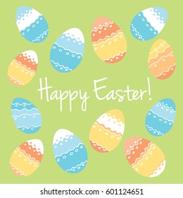 Happy Easter! Greeting card with decorative eggs. Hand drawn elements for your design. Green background. Vector.