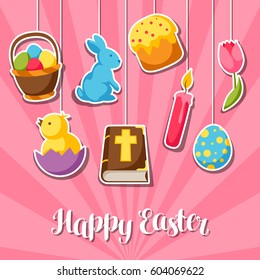 Happy Easter greeting card with decorative objects, eggs and bunnies stickers.