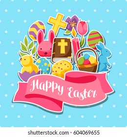 Happy Easter greeting card with decorative objects, eggs and bunnies stickers.