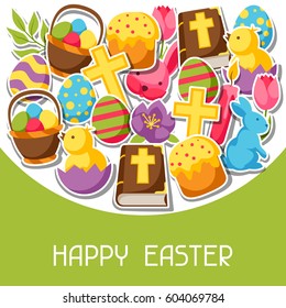 Happy Easter greeting card with decorative objects, eggs and bunnies stickers.