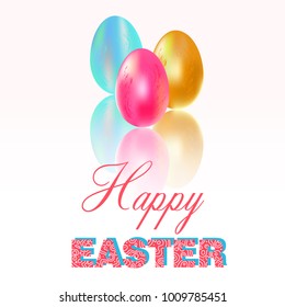 Happy easter greeting card. Delicate pastel colors, pink, golden and turquoise.