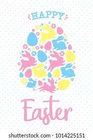 "Happy Easter" greeting card design. Vector typographic poster with Easter egg mosaic form. Good for invitations, prints, stickers, banners.