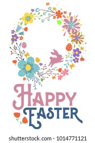 "Happy Easter" greeting card design. Vector typographic poster with Easter bunny egg hunt and flower wreath. Good for invitations, prints, stickers, banners.
