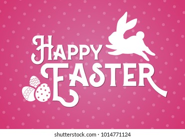 "Happy Easter" greeting card design. Vector typographic poster with Easter bunny egg hunt. Good for invitations, prints, stickers, banners.