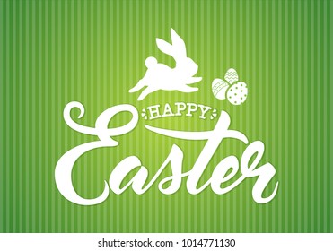 "Happy Easter" greeting card design. Vector typographic poster with Easter bunny egg hunt. Good for invitations, prints, stickers, banners.