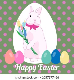 Happy Easter greeting card design with bunny and Easter eggs. Vintage vector hand drawn illustration style.
