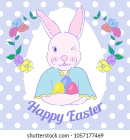Happy Easter greeting card design with bunny and Easter eggs. Vintage vector hand drawn illustration style.