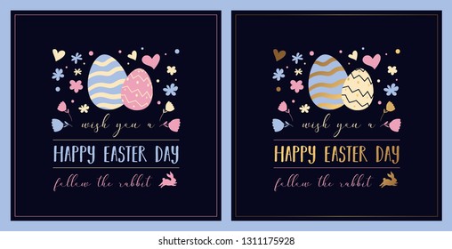 "Happy Easter" greeting card design. Vector typographic poster with Easter egg hunt, rabbit, flowers and golden gradient. Good for invitations, prints, stickers, banners and tags.
