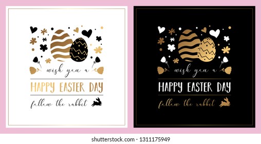 "Happy Easter" greeting card design. Vector typographic poster with Easter egg hunt, rabbit, flowers and golden gradient. Good for invitations, prints, stickers, banners and tags.