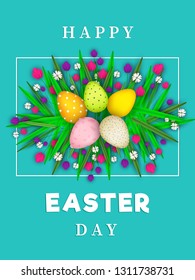 Diseño de tarjetas de felicitación Happy Easter decorado con huevos y flores de colores.