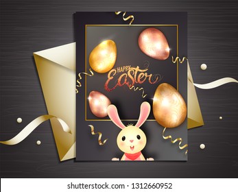 Happy Easter greeting card design with illustration of cute rabbit ans realistic shiny eggs.