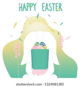 Happy Easter greeting card design. Easter Bunny Carrying Basket with Eggs vector illustration.