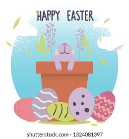 Happy Easter greeting card design. Easter bunny in flower pot vector illustration.