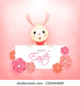 Happy Easter greeting card design with illustration of cute little rabbit and paper cut flowers decorated on glossy background. 