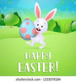 Happy Easter greeting card design. Joyful baby bunny carrying colored egg on meadow. Illustration can be used for posters, flyers, banners