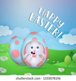 Happy Easter greeting card design. Hungry baby rabbit in colored egg shell on flowery meadow. Illustration can be used for posters, flyers, banners