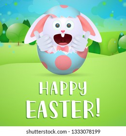 Happy Easter greeting card design. Excited joyful bunny in broken colored egg shell on meadow. Illustration can be used for posters, flyers, banners