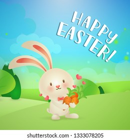 Happy Easter greeting card design. Cute bunny holding carrots on green lawn. Illustration can be used for posters, flyers, banners
