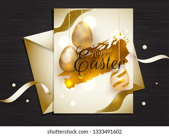 Happy Easter greeting card design with illustration of hanging eggs on bokeh background.