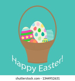Happy Easter, greeting card design element of wooden basket with colourful eggs inside. Vector illustration design for Easter period.