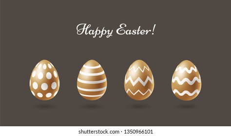 Happy Easter greeting card design with realistic golden shiny eggs set with beautiful white ornament. - Vector illustration