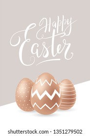 Happy Easter greeting card design with handwritten white elegant lettering and brown realistic easter eggs with white ornament. - Vector illustration