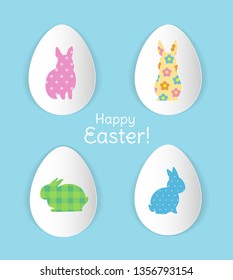 Happy Easter! Greeting card design with decorative paper eggs and bunny silhouettes filled with different colorful patterns. - Vector