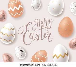 Happy Easter greeting card design with handwritten beautiful lettering and realistic 3d ornate white and brown eggs and small spotted quail pink eggs. - Vector illustration