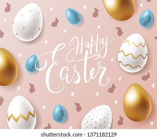 Happy Easter greeting card design with handwritten beautiful lettering, realistic golden eggs, ornate white eggs and small blue eggs on pink background with bunny silhouettes and hearts. - Vector