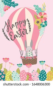 Happy Easter greeting card design with cute hand drawn illustration of bunny rabbit and easter eggs. Egg hunt and party invitation template, poster, banner, flyer design in scandinavian style.