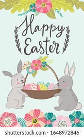 Feliz diseño de tarjetas de felicitación de Pascua con adorable ilustración a mano de conejos conejitos sosteniendo una canasta con huevos. Plantilla para la cacería de huevos y la invitación al partido, afiche, diseño de pancartas al estilo escandinavo