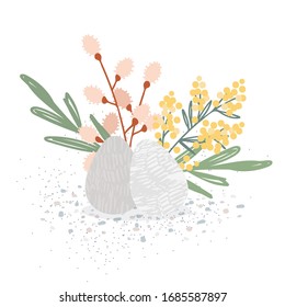 Happy Easter greeting card design. Flat vector, hand drawn illustration. Spring poster print. Abstract modern background.