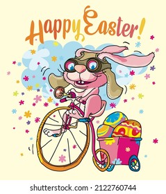 Happy easter greeting card design with easter bunny on penny farting bicycle