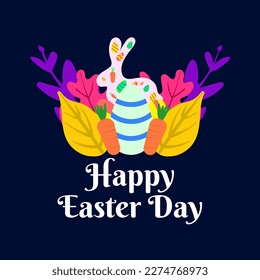 Happy Easter, greeting card design decorated with colorful leaves, bunny and eggs