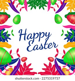 Happy Easter greeting card design with colorful leaves and egg frames