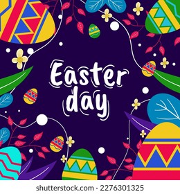 Happy Easter, greeting card design, flat design style, decorated with colorful eggs, flowers and leaves