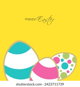 Happy Easter Greeting Card Design with Colorful Painted Eggs Decorated on Yellow Background.