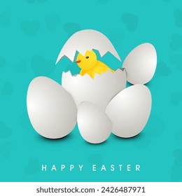 Happy Easter Greeting Card Design with Cartoon Newborn Chick Coming Out Egg Illustration,