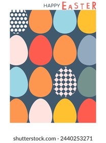 Happy Easter greeting card design. Hand drawn spring poster with colorful eggs. Modern minimalist art style. Vector graphic illustration