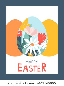 Diseño de tarjeta de felicitación de Pascua feliz. Póster de primavera dibujado a mano con huevos y flores. Ilustración vectorial aislada sobre fondo blanco