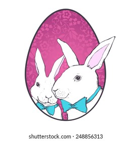Happy Easter greeting card design with bunny. Easter egg floral background. 