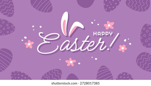 Diseño feliz de la tarjeta de felicitación de Pascua con el marco y el texto de los huevos con las orejas lindas del conejo.