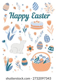 Diseño feliz de la tarjeta de felicitación de Pascua con los huevos pastel, las flores y la cesta, Ilustración vectorial moderna