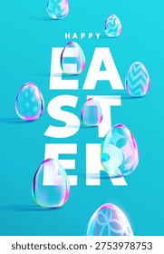 Happy Easter greeting card design with 3D glass eggs and white inscription in perspective. Festive vector banner.